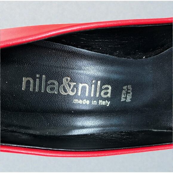 NILA & NILA Leather Stilettos Flared Heel Pumps Sz 38 Red Elegant Made In Italy - Picture 7 of 9